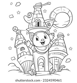Vector hand drawn cute cartoonish castle outline illustration. Coloring page for kids and adults. Print design, t-shirt design, tattoo design, mural art, line art.