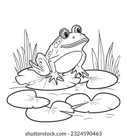 Vector hand drawn cute cartoonish toad or frog outline illustration. Coloring page for kids and adults. Print design, t-shirt design, tattoo design, mural art, line art.