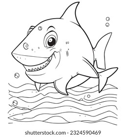 Vector hand drawn cute cartoonish shark outline illustration. Coloring page for kids and adults. Print design, t-shirt design, tattoo design, mural art, line art.