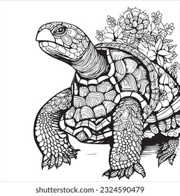 Vector hand drawn cute cartoonish tortoise outline illustration. Coloring page for kids and adults. Print design, t-shirt design, tattoo design, mural art, line art.