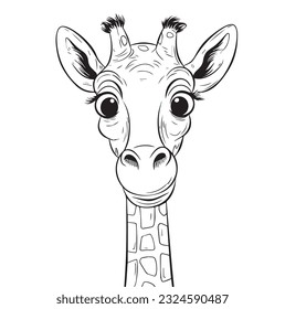 Vector hand drawn cute cartoonish giraffe outline illustration. Coloring page for kids and adults. Print design, t-shirt design, tattoo design, mural art, line art.