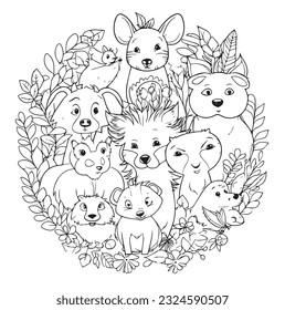 Vector hand drawn cute cartoonish animals outline illustration. Coloring page for kids and adults. Print design, t-shirt design, tattoo design, mural art, line art.