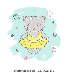 Vector hand drawn cute cat in yellow dress, kitten girl