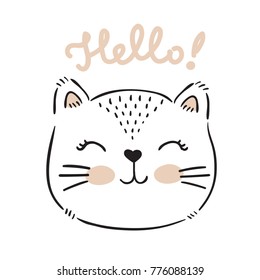  Vector hand drawn cute cat's face saying Hello. Isolated illustration with lettering on white background