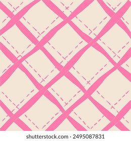 Vector hand drawn cute checkered pattern. Doodle Plaid geometrical dry brush texture. Uneven double crossing lines. Abstract cute delicate pattern ideal for fabric, textile, wallpaper