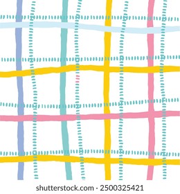 Vector hand drawn cute checkered pattern. Doodle Plaid geometrical dry brush texture. Uneven double crossing lines. Abstract cute delicate pattern ideal for fabric, textile, wallpaper