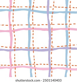 Vector hand drawn cute checkered pattern. Doodle Plaid geometrical dry brush texture. Uneven double crossing lines. Abstract cute delicate pattern ideal for fabric, textile, wallpaper