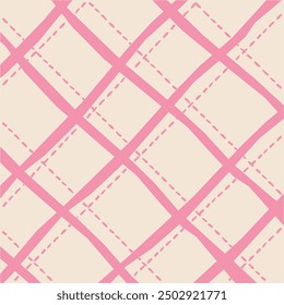 Vector hand drawn cute checkered pattern. Doodle Plaid geometrical dry brush texture. Uneven double crossing lines. Abstract cute delicate pattern ideal for fabric, textile, wallpaper