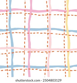 Vector hand drawn cute checkered pattern. Doodle Plaid geometrical dry brush texture. Uneven double crossing lines. Abstract cute delicate pattern ideal for fabric, textile, wallpaper