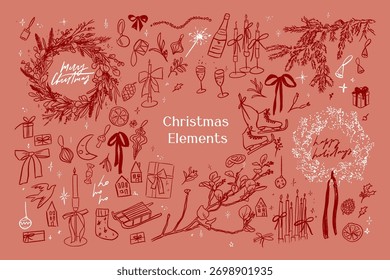 Vector hand drawn cute Christmas line art elements collection. Stylish elegant festive doodle wreaths, Christmas tree decorations in minimalist style. Modern coquette holiday season illustrations.