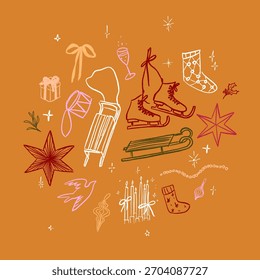 Mão vetor desenhado bonito Natal coleção de elementos de arte linha. Elegante e festivo rabiscar as decorações minimalistas da estação de inverno. Impressão moderna da arte de parede da estação de férias.