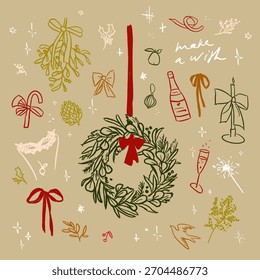 Mão vetor desenhado bonito Natal coleção de elementos de arte linha. Elegante e festivo rabiscar as decorações da estação de inverno. Moderno coquette férias temporada ilustrações grinalda arcos arte impressão.