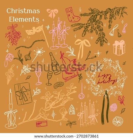 Vector hand drawn cute Christmas line art elements collection. Stylish elegant festive doodle winter season decorations. Modern coquette holiday season illustrations wreath spruce branch clip art.