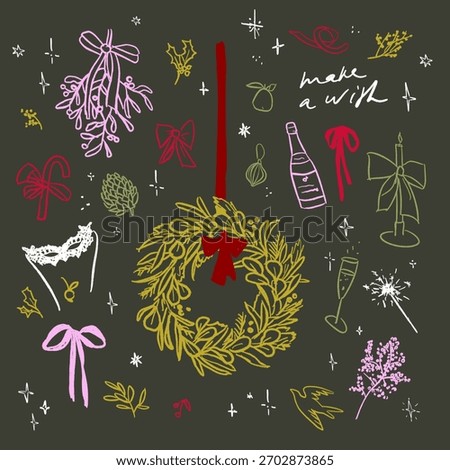 Vector hand drawn cute Christmas line art elements collection. Stylish elegant festive doodle winter season decorations. Modern coquette holiday season illustrations wreath mistletoe champagne glass.