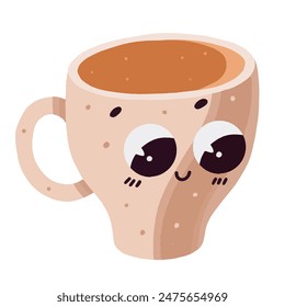 Vector dibujado a mano taza de café lindo con cara sonriente