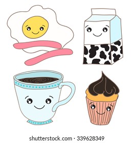 Vector hand drawn cute cup of coffee, milk, egg and cupcake. Smile coffee cup on white background