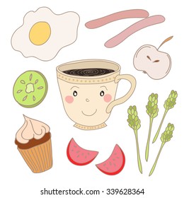 Vector hand drawn cute cup of coffee with breakfast food. Smile coffee cup on white background