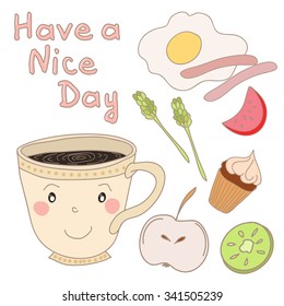 Vector hand drawn cute cup of coffee with breakfast food. Smile coffee cup on white background