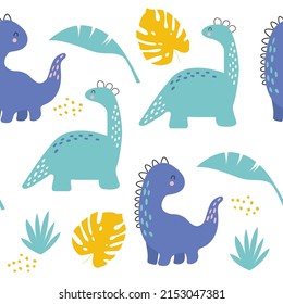 Vector hand drawn cute dinosaurs with tropical leaves. Seamless pattern.