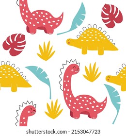Vector hand drawn cute dinosaurs with tropical leaves. Seamless pattern.