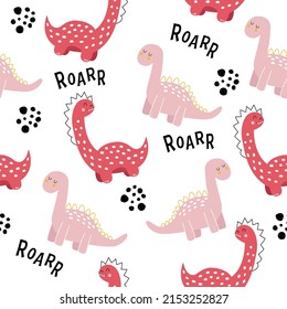 Vector hand drawn cute dinosaurs. Dino, lettering roar and dots in doodle style. Seamless baby wallpaper. Cute pattern.