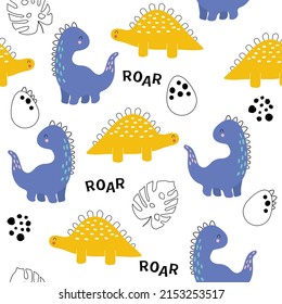 Vector hand drawn cute dinosaurs. Dino, tropical leaves, lettering roar, eggs and dots in doodle style. Seamless baby wallpaper. Print for children's clothing.