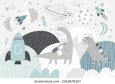 Vektorhandgezeichnete süße Dinosaurier-Astronauten im Weltraum, Planeten und Raketen-Illustration im skandinavischen Stil. Berglandschaft, Sterne. Tapete aus dem Kinderraum.  Kinderzimmer-Design, Wanddekor.