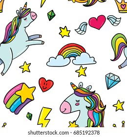 vector hand drawn cute doodle seamless pattern background of unicorn horse, stars, rainbow, diamond, gem, flying heart with wings and king crown on white background. 90s comic funny style