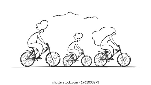 	
Vector Hand Drawn Cute family riding bicycles. Leisure and Sports outdoor activity. Sketch line design