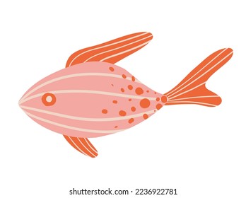 Vector hand drawn cute fish in flat style. Pink fish with dots. Vector illustration for icon, logo, print, icon, card, emblem, label. Aquarium, ocean, sea