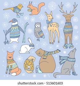 Vector hand drawn cute forest animals collection. Stylish and elegant cartoon animals. Cute and childish hipster christmas animals.