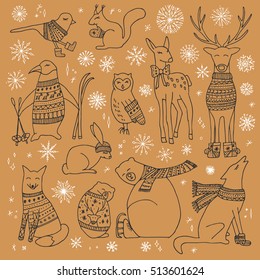 Vector hand drawn cute forest animals collection. Stylish and elegant cartoon animals. Cute and childish hipster christmas animals.