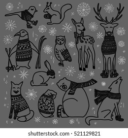 Vector hand drawn cute forest animals collection. Stylish and elegant cartoon animals. Cute and childish hipster Christmas animals.