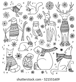 Vector hand drawn cute forest animals collection. Stylish and elegant cartoon animals. Cute and childish hipster Christmas animals.