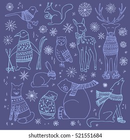 Vector hand drawn cute forest animals collection. Stylish and elegant cartoon animals. Cute and childish hipster Christmas animals.