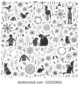 Vector hand drawn cute forest animals collection. Stylish and elegant cartoon animals. Cute and childish hipster christmas elements.