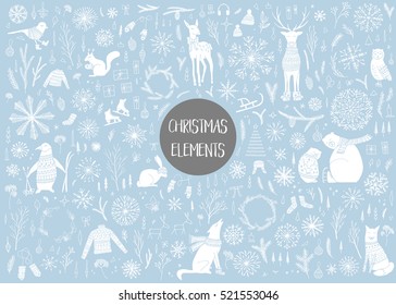 Vector hand drawn cute forest animals collection. Stylish and elegant cartoon animals. Cute and childish hipster christmas elements.