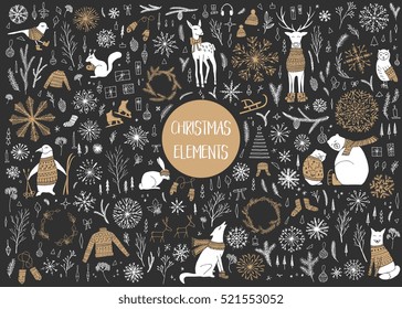 Vector hand drawn cute forest animals collection. Stylish and elegant cartoon animals. Cute and childish hipster christmas elements.