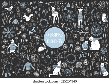 Vector hand drawn cute forest animals collection. Stylish and elegant cartoon animals. Cute and childish hipster christmas elements.
