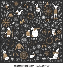 Vector hand drawn cute forest animals collection. Stylish and elegant cartoon animals. Cute and childish hipster christmas elements.