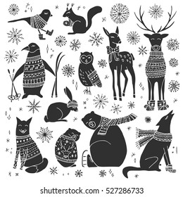 Vector hand drawn cute forest animals collection. Stylish and elegant cartoon animals. Cute and childish hipster christmas animals.