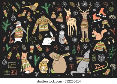 Vector hand drawn cute forest animals collection. Stylish and elegant cartoon animals in sweaters. Cute and childish hipster christmas elements.