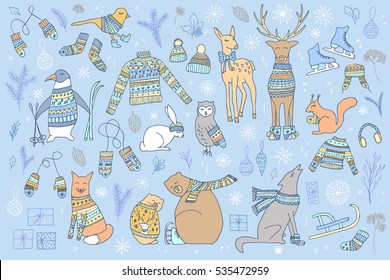Vector hand drawn cute forest animals collection. Stylish and elegant cartoon animals. Cute and childish hipster Christmas animals.