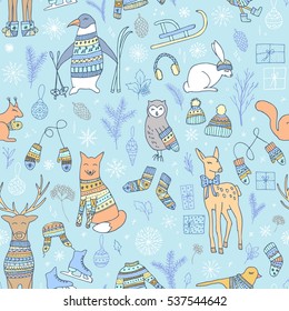 Vector hand drawn cute forest animals seamless pattern. Stylish and elegant cartoon Christmas animals in sweaters. Cute and childish hipster Christmas background.