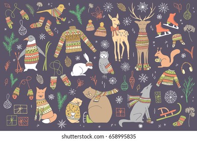 Vector hand drawn cute forest animals collection. Stylish and elegant cartoon animals. Cute and childish hipster christmas animals.