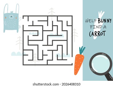 Vector hand drawn cute funny kids maze. Help bunny find a carrot. Educational mini-game for children. Help find right path. Labyrinth. Great for a children's book, magazine, board game.