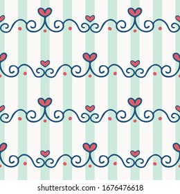 Vector Hand Drawn Cute Heart Chain Border on Stripes seamless pattern background.