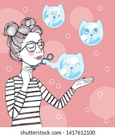 Vector hand drawn cute illustration of beautiful girl blowing air soap bubbles in the shape of cats, cute card with kawaii cats drawn in anime style, lovely card with flying kittens