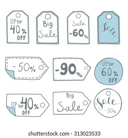 Vector hand drawn cute illustration of sale labels set. Sale, up to off, big sale. Set for design, web design, scrapbook
