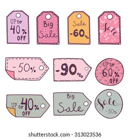 Vector hand drawn cute illustration of sale labels set. Sale, up to off, big sale. Set for design, web design, scrapbook